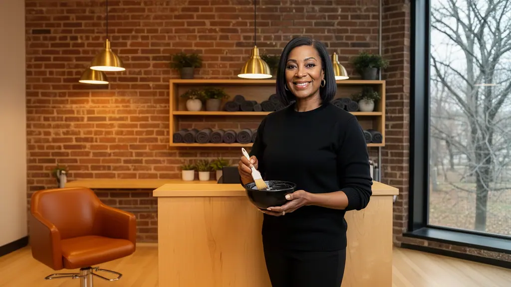 A smiling salon owner mixing hair color in a bowl at her station under warm brass pendant lights.